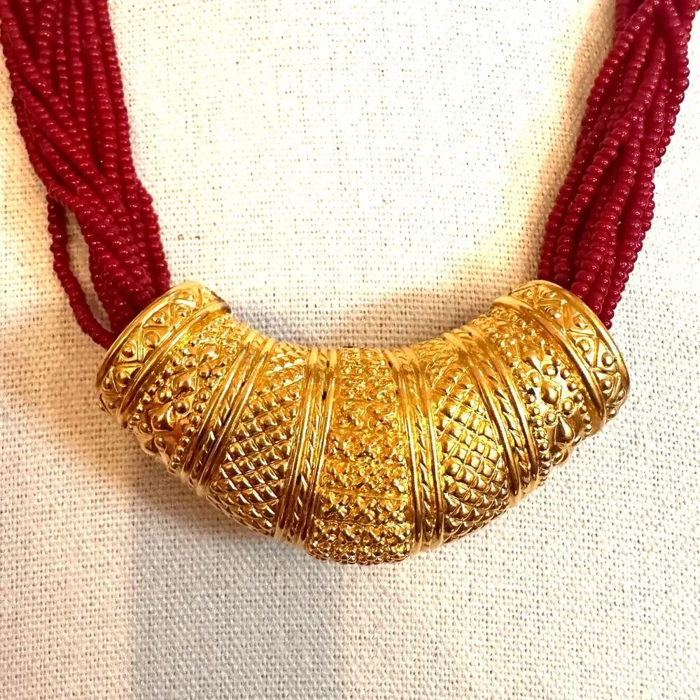Bollywood Red Beaded Gold Plated Necklace Nepali Mali Wedding Costume Jewelry